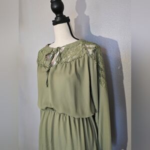 Cure Olive Green Lace Trim Keyhole Long Sleeve Dress Size M